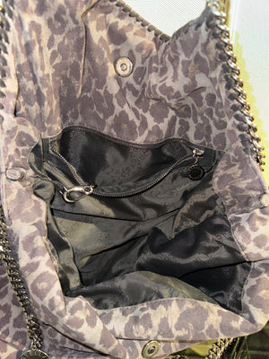 Stella McCartney Falabella 3-Chain Fold Over Tote Leopard Print Brown Bronze Vegan Suede Shaggy Deer Vintage Classic Style Chic Chain handles Detail 