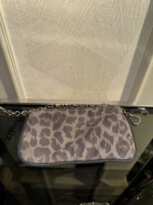 Stella McCartney Falabella 3-Chain Fold Over Tote Leopard Print Brown Bronze Vegan Suede Shaggy Deer Vintage Classic Style Chic Chain handles Detail 