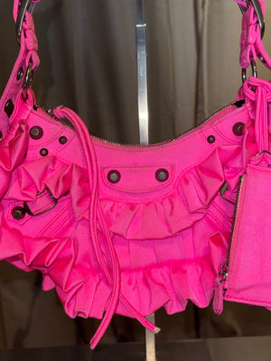 Rare Balenciaga Neo Cagole Mini Shoulder Bag Neon Pink Ruffle Edition Silver Hardware with Mini Zip Pouch
