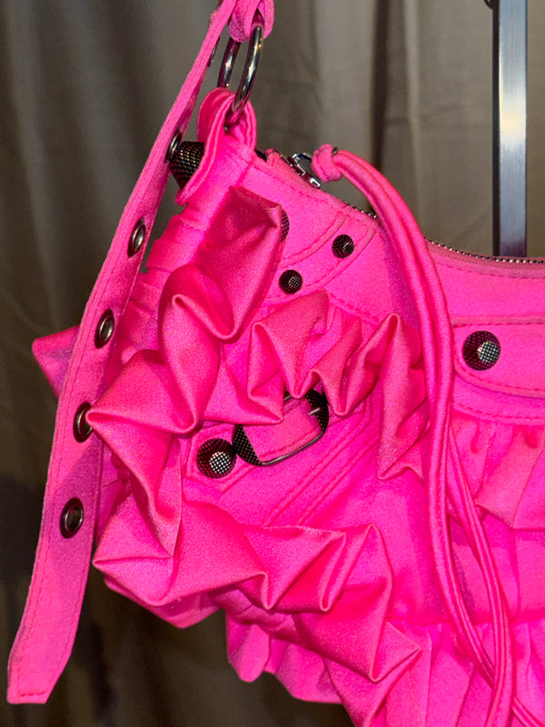 Rare Balenciaga Neo Cagole Mini Shoulder Bag Neon Pink Ruffle Edition Silver Hardware with Mini Zip Pouch