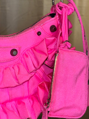Rare Balenciaga Neo Cagole Mini Shoulder Bag Neon Pink Ruffle Edition Silver Hardware with Mini Zip Pouch