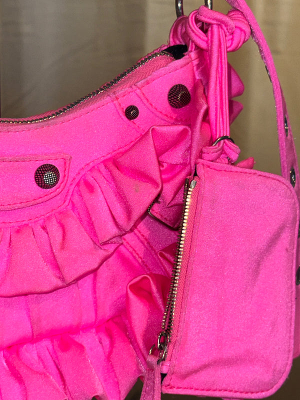 Rare Balenciaga Neo Cagole Mini Shoulder Bag Neon Pink Ruffle Edition Silver Hardware with Mini Zip Pouch