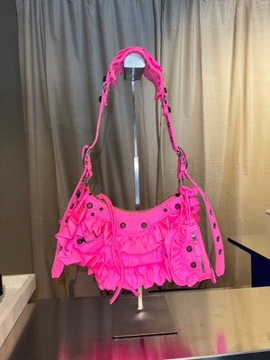 Rare Balenciaga Neo Cagole Mini Shoulder Bag Neon Pink Ruffle Edition Silver Hardware with Mini Zip Pouch