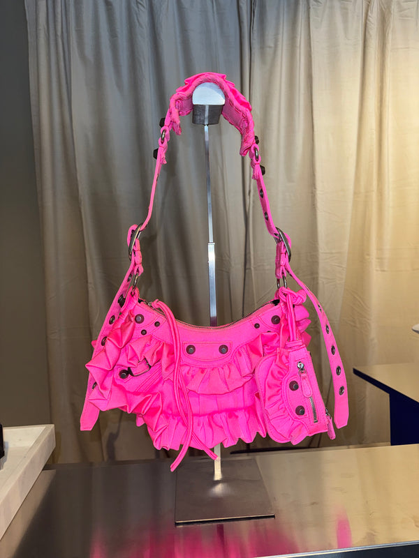 Rare Balenciaga Neo Cagole Mini Shoulder Bag Neon Pink Ruffle Edition Silver Hardware with Mini Zip Pouch