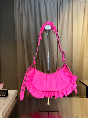 Rare Balenciaga Neo Cagole Mini Shoulder Bag Neon Pink Ruffle Edition Silver Hardware with Mini Zip Pouch