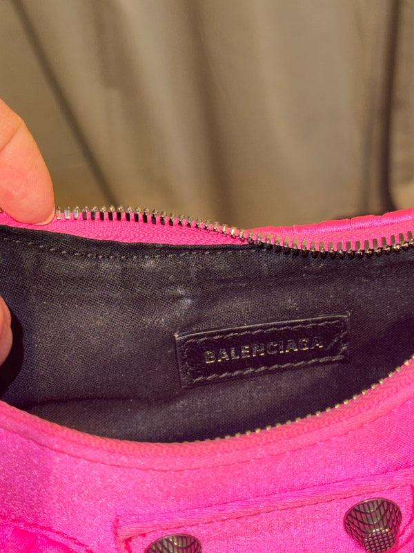 Rare Balenciaga Neo Cagole Mini Shoulder Bag Neon Pink Ruffle Edition Silver Hardware with Mini Zip Pouch