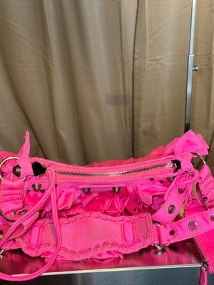 Rare Balenciaga Neo Cagole Mini Shoulder Bag Neon Pink Ruffle Edition Silver Hardware with Mini Zip Pouch