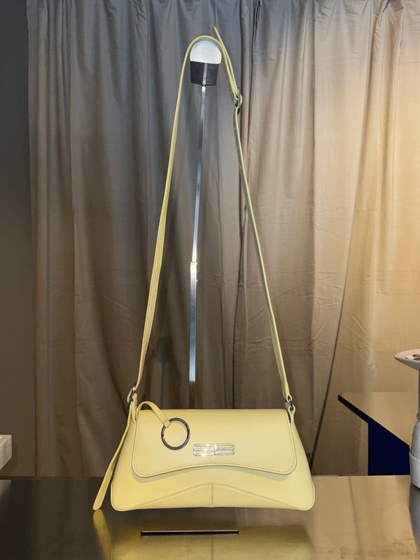 Balenciaga Flap Bag Shoulder Bag Pastel Yellow Light Yellow Leather Silver Hardware Ring Detail Vintage Classic Style Chic