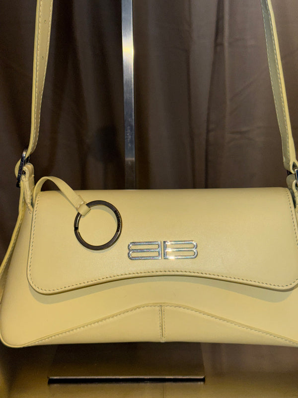 Balenciaga Flap Bag Shoulder Bag Pastel Yellow Light Yellow Leather Silver Hardware Ring Detail Vintage Classic Style Chic