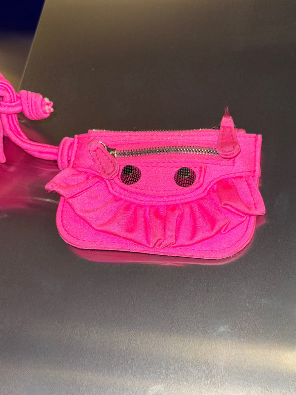 Rare Balenciaga Neo Cagole Mini Shoulder Bag Neon Pink Ruffle Edition Silver Hardware with Mini Zip Pouch