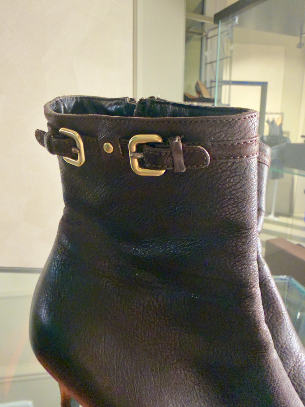 Prada Ankle Boots Booties kitten heel brown 90s gold buckle detailing pointed square toe worn leather