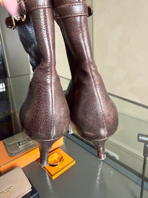 Prada Ankle Boots Booties kitten heel brown 90s gold buckle detailing pointed square toe worn leather