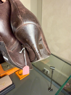 Prada Ankle Boots Booties kitten heel brown 90s gold buckle detailing pointed square toe worn leather