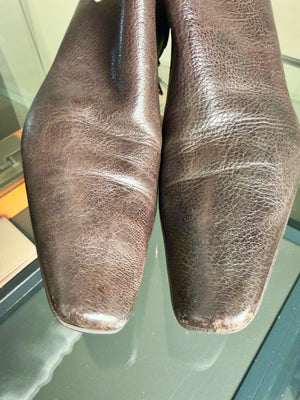 Prada Ankle Boots Booties kitten heel brown 90s gold buckle detailing pointed square toe worn leather