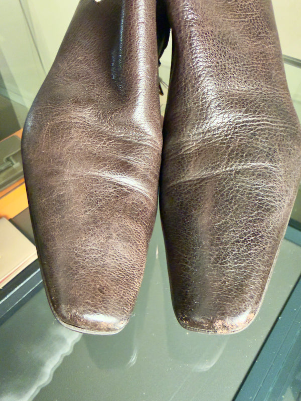 Prada Ankle Boots Booties kitten heel brown 90s gold buckle detailing pointed square toe worn leather