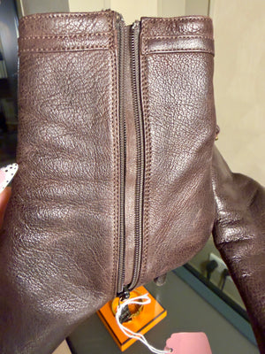 Prada Ankle Boots Booties kitten heel brown 90s gold buckle detailing pointed square toe worn leather