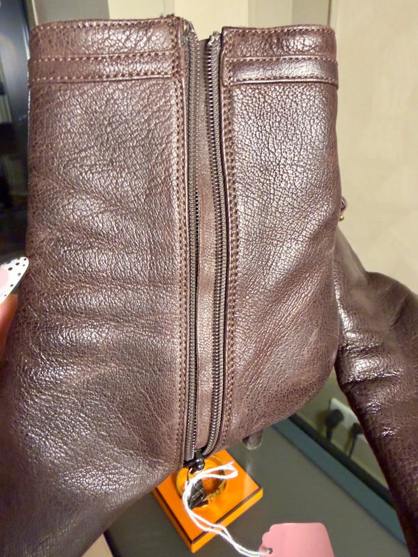 Prada Ankle Boots Booties kitten heel brown 90s gold buckle detailing pointed square toe worn leather