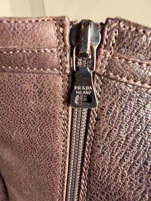 Prada Ankle Boots Booties kitten heel brown 90s gold buckle detailing pointed square toe worn leather