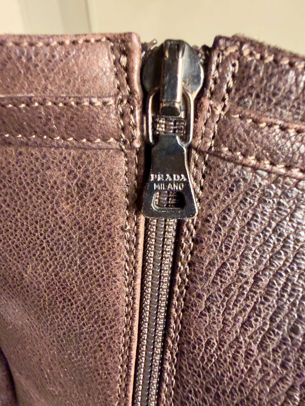 Prada Ankle Boots Booties kitten heel brown 90s gold buckle detailing pointed square toe worn leather