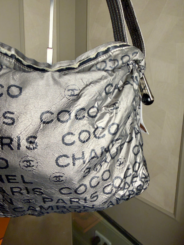 Chanel Silver black '31 Rue Cambon' graphic metallic coated Nylon Shoulder Messenger Bag y2k 2008/9 Karl Lagerfeld