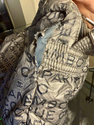 Chanel Silver black '31 Rue Cambon' graphic metallic coated Nylon Shoulder Messenger Bag y2k 2008/9 Karl Lagerfeld