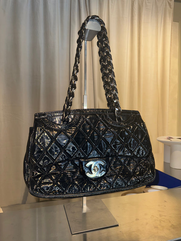 Chanel 2009 Collection Black Patent Leather Quilted Day Glo Flap Bag Shoulder Bag CC coco silver hardware thick chain