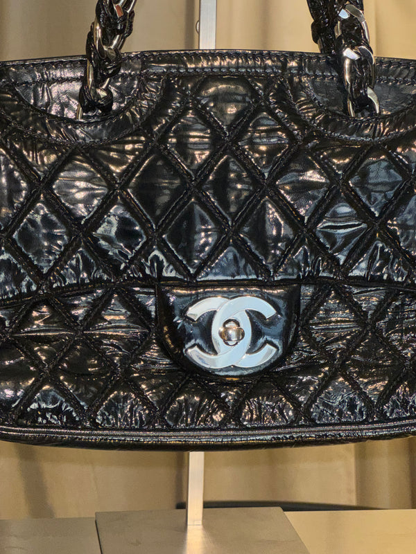 Chanel 2009 Collection Black Patent Leather Quilted Day Glo Flap Bag Shoulder Bag CC coco silver hardware thick chain