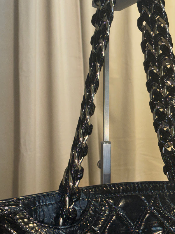 Chanel 2009 Collection Black Patent Leather Quilted Day Glo Flap Bag Shoulder Bag CC coco silver hardware thick chain