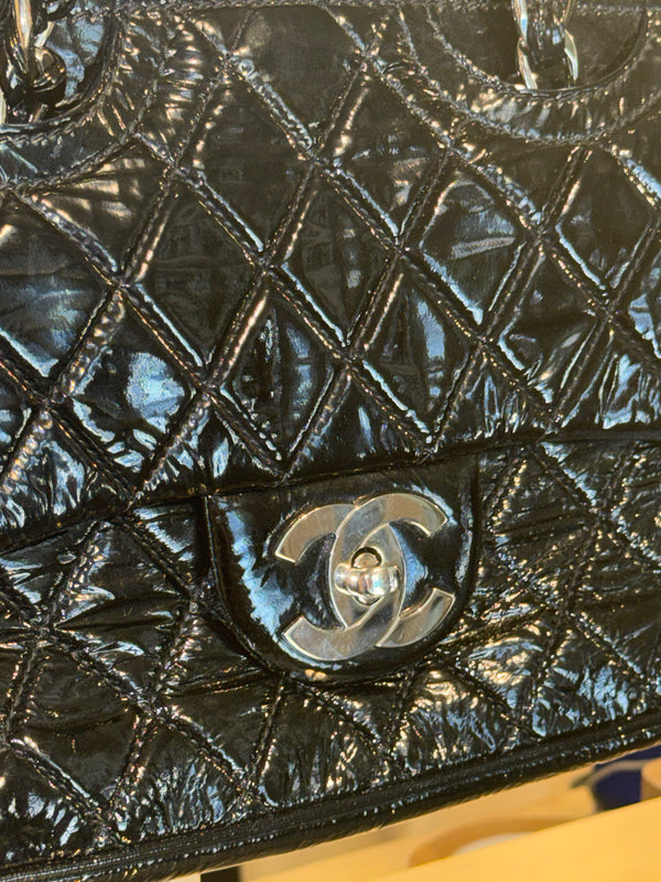 Chanel 2009 Collection Black Patent Leather Quilted Day Glo Flap Bag Shoulder Bag CC coco silver hardware thick chain