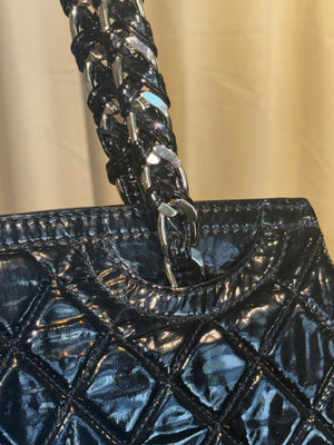 Chanel 2009 Collection Black Patent Leather Quilted Day Glo Flap Bag Shoulder Bag CC coco silver hardware thick chain