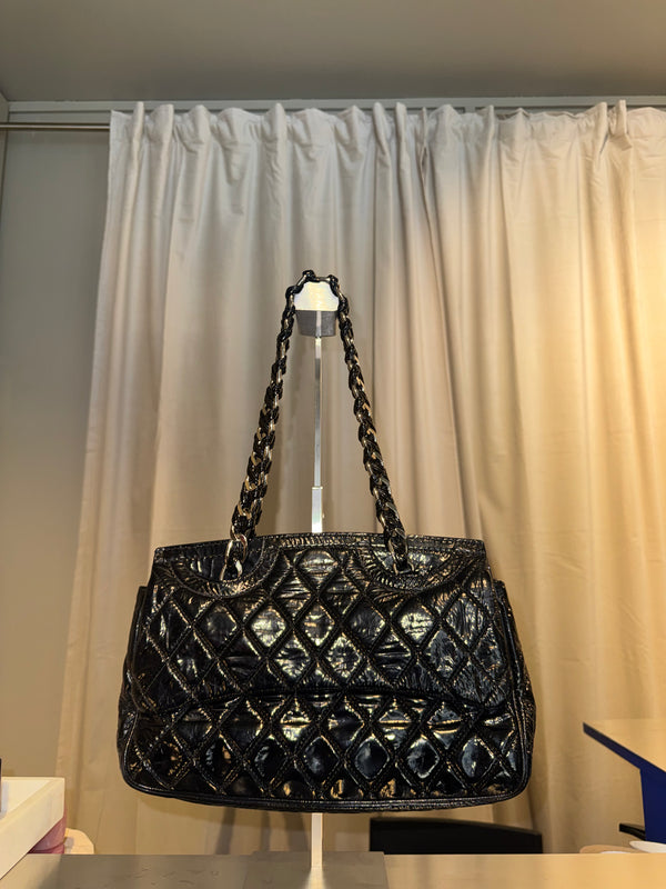 Chanel 2009 Collection Black Patent Leather Quilted Day Glo Flap Bag Shoulder Bag CC coco silver hardware thick chain
