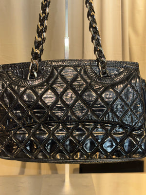 Chanel 2009 Collection Black Patent Leather Quilted Day Glo Flap Bag Shoulder Bag CC coco silver hardware thick chain