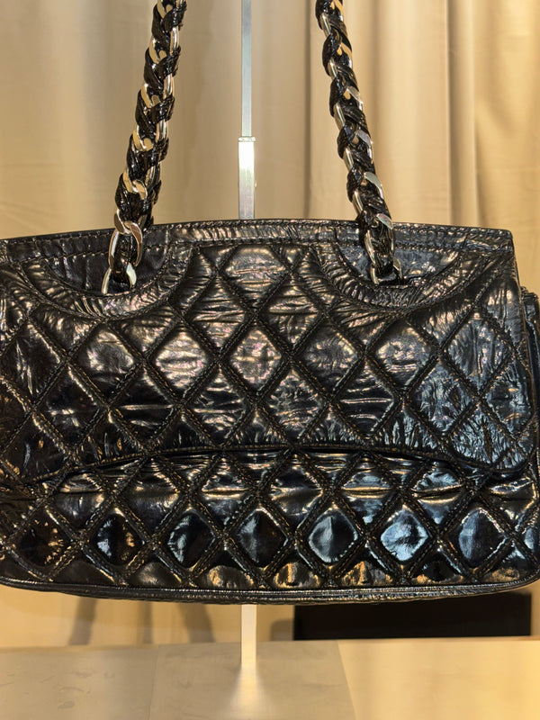 Chanel 2009 Collection Black Patent Leather Quilted Day Glo Flap Bag Shoulder Bag CC coco silver hardware thick chain