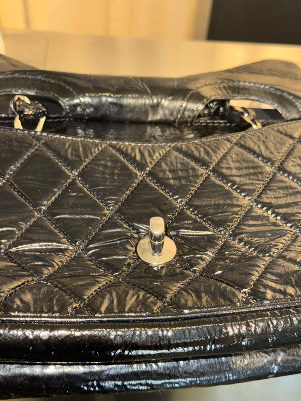 Chanel 2009 Collection Black Patent Leather Quilted Day Glo Flap Bag Shoulder Bag CC coco silver hardware thick chain