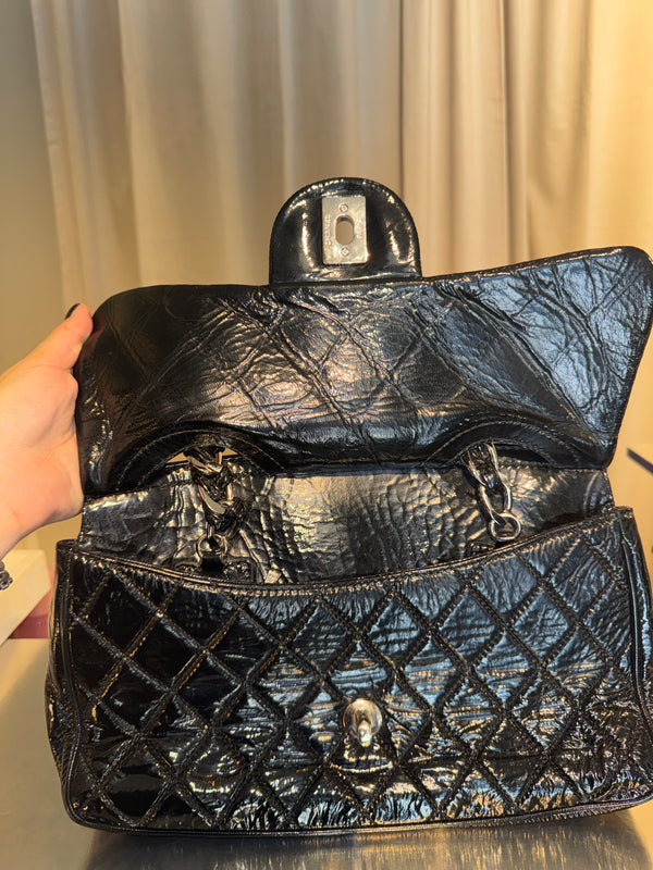 Chanel 2009 Collection Black Patent Leather Quilted Day Glo Flap Bag Shoulder Bag CC coco silver hardware thick chain