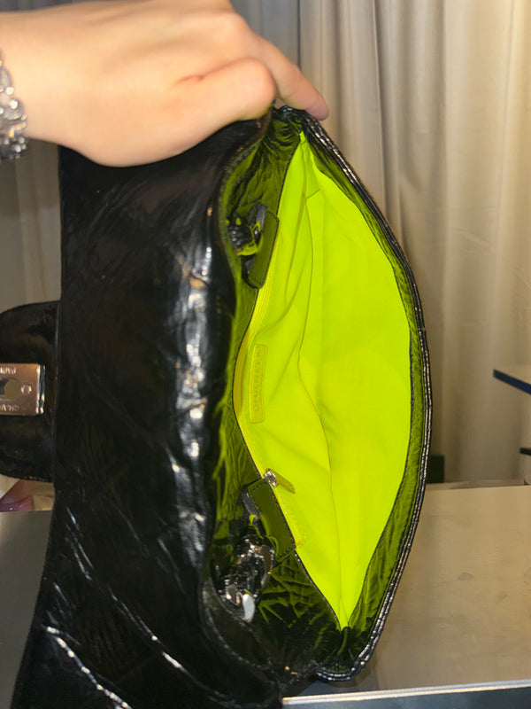 Chanel 2009 Collection Black Patent Leather Quilted Day Glo Flap Bag Shoulder Bag CC coco silver hardware thick chain