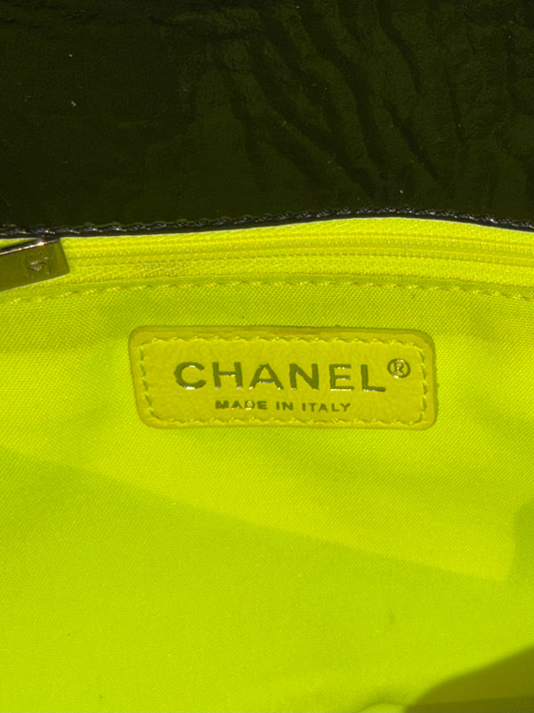 Chanel 2009 Collection Black Patent Leather Quilted Day Glo Flap Bag Shoulder Bag CC coco silver hardware thick chain