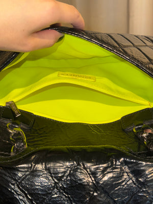 Chanel 2009 Collection Black Patent Leather Quilted Day Glo Flap Bag Shoulder Bag CC coco silver hardware thick chain