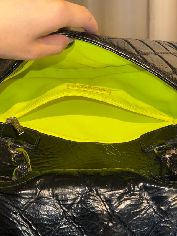 Chanel 2009 Collection Black Patent Leather Quilted Day Glo Flap Bag Shoulder Bag CC coco silver hardware thick chain
