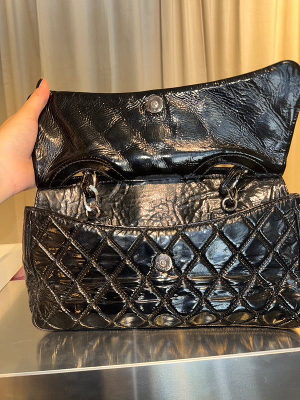 Chanel 2009 Collection Black Patent Leather Quilted Day Glo Flap Bag Shoulder Bag CC coco silver hardware thick chain