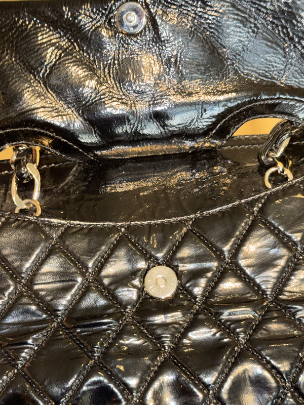 Chanel 2009 Collection Black Patent Leather Quilted Day Glo Flap Bag Shoulder Bag CC coco silver hardware thick chain