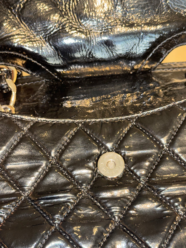 Chanel 2009 Collection Black Patent Leather Quilted Day Glo Flap Bag Shoulder Bag CC coco silver hardware thick chain