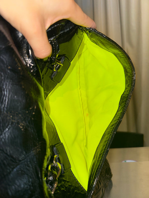 Chanel 2009 Collection Black Patent Leather Quilted Day Glo Flap Bag Shoulder Bag CC coco silver hardware thick chain