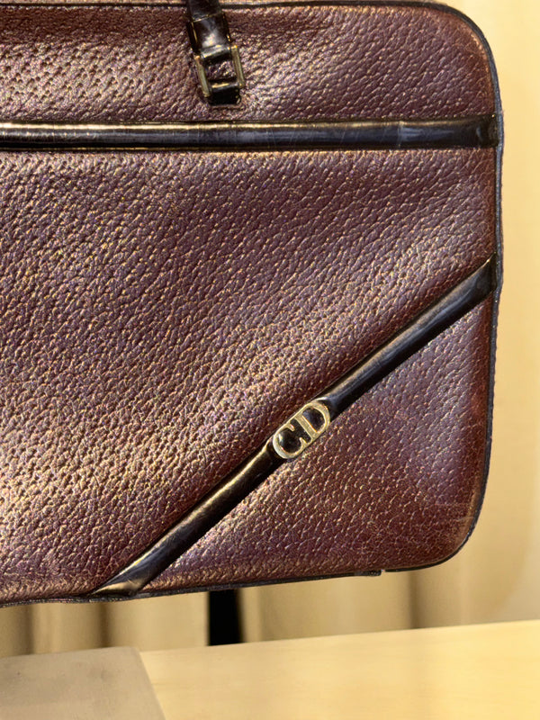 Christian Dior Vintage Brown Leather Boston Bag Bowling Bag Top Handle Handbag CD Logo Pebbled Leather