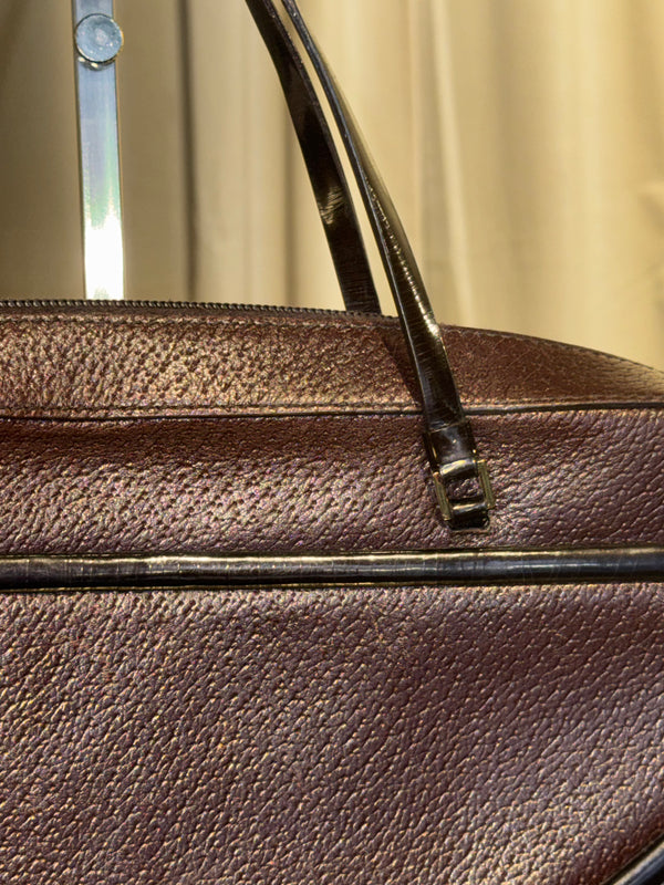 Christian Dior Vintage Brown Leather Boston Bag Bowling Bag Top Handle Handbag CD Logo Pebbled Leather