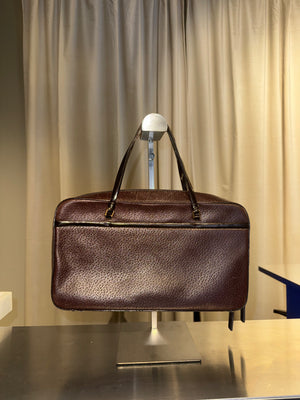 Christian Dior Vintage Brown Leather Boston Bag Bowling Bag Top Handle Handbag CD Logo Pebbled Leather
