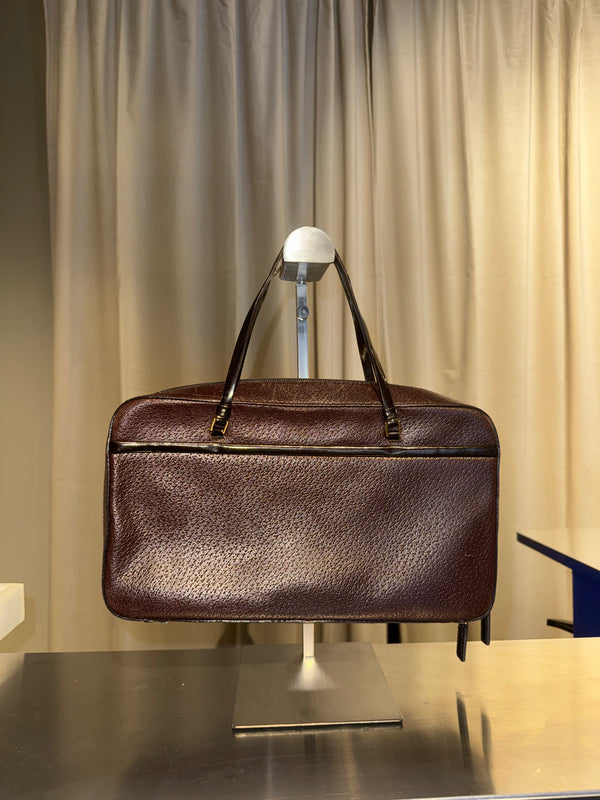 Christian Dior Vintage Brown Leather Boston Bag Bowling Bag Top Handle Handbag CD Logo Pebbled Leather