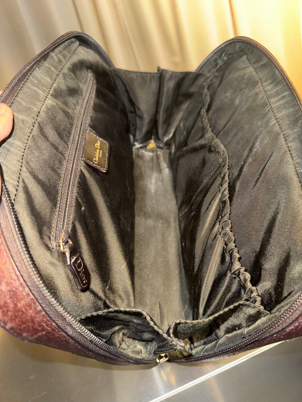Christian Dior Vintage Brown Leather Boston Bag Bowling Bag Top Handle Handbag CD Logo Pebbled Leather