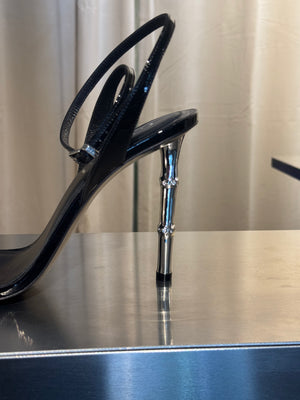 Gucci Bamboo Heel Patent Leather Sandals Black Ankle Strap High Heels Silver Hardware