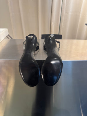 Gucci Bamboo Heel Patent Leather Sandals Black Ankle Strap High Heels Silver Hardware